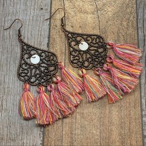 Multi Color Tassel Bronze Filagree Dangle Earrings